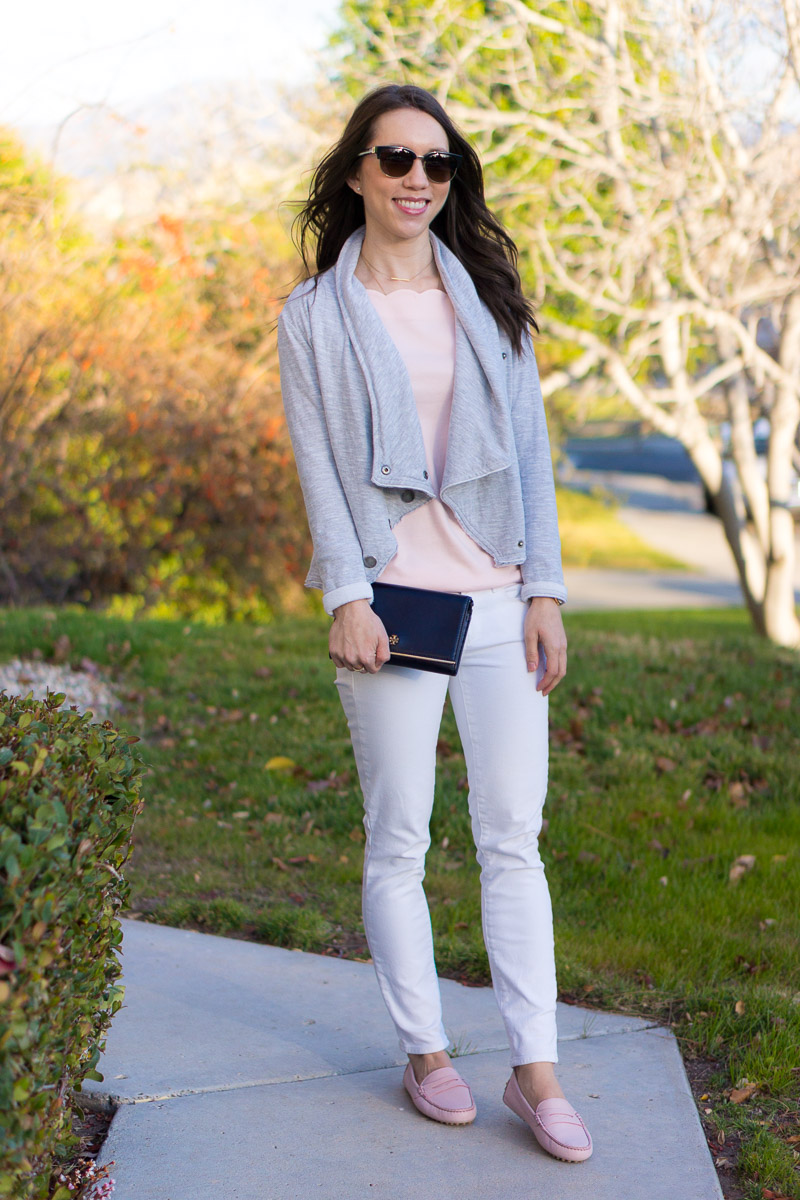 J. Crew Factory Scallop Camisole Top Review | scallop tank | scallop longsleeve tee | distressed denim | Caslon knit jacket | petite fashion and style blog | M. Gemi Pastoso review | M. Gemi Felize loafer moccasin flats review | Tory Burch polarized sunglasses | Daniel Wellington petite watch
