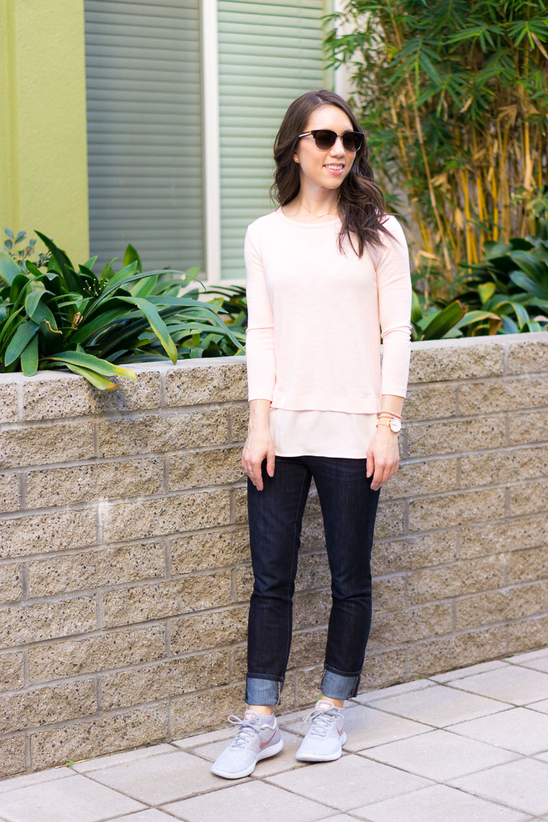 Five go-to tops to make you look effortlessly put together | tops to look instantly put together | polished outfits | easy casual outfit | easy office outfit | date night | gibson twist front | zella twist front | M. Gemi cerchio sneaker review | whbm jacket | blanknyc faux leather jacket | lush tunic blouse | madewell v-neck tee | lace tee top | J. Crew Factory drapey tee