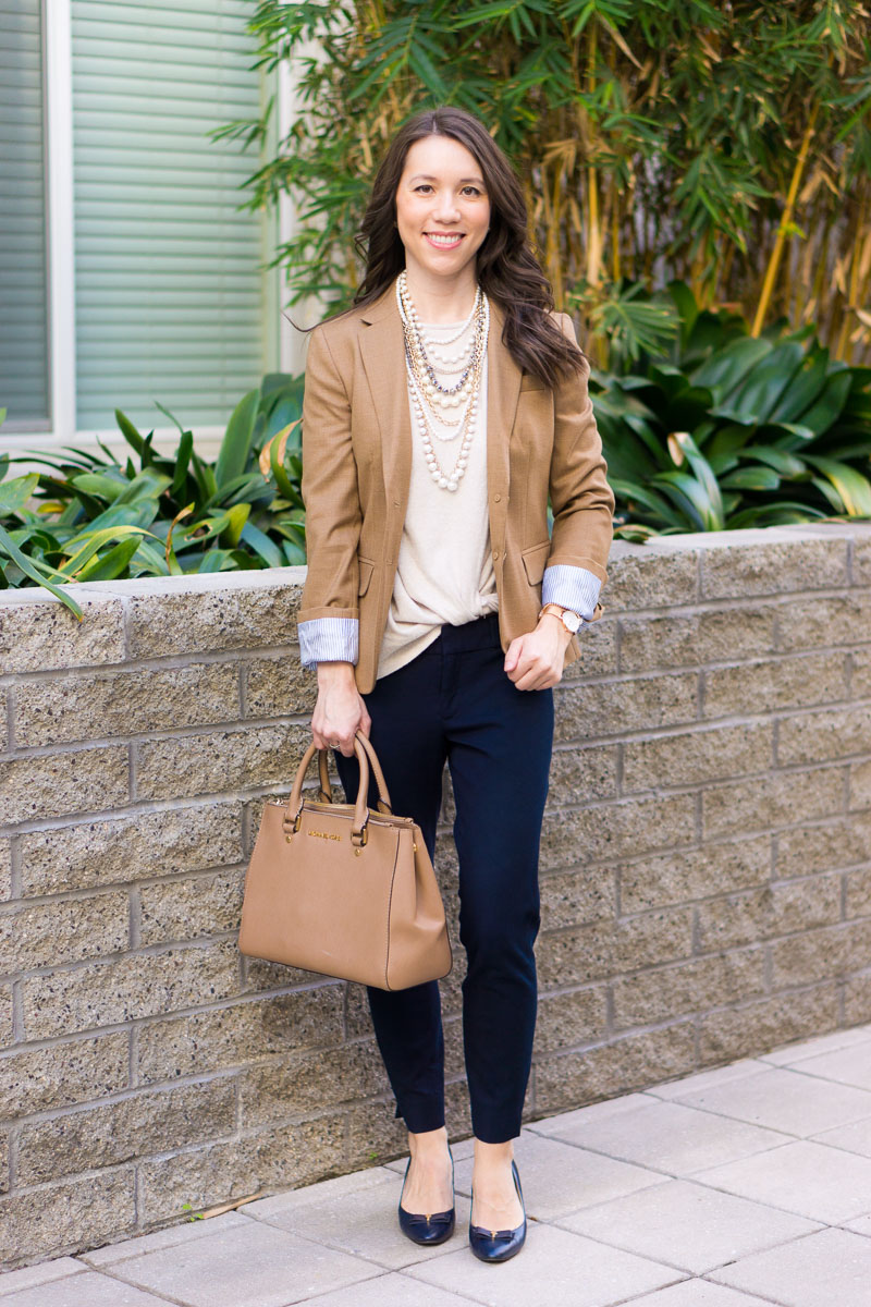 How to Wear Navy & Camel Together | Neutral Tones & Layering | Petite fashion and style blog | Petite style advice | J. Crew Factory Schoolboy blazer camel | J. Crew Factory Sidewalk skirt 00 camel | scallops | J. Crew Factory chambray button-up petite | Pearl statement necklace | Banana Republic Sloan pants review | navy bow heels for work | work outfit ideas | gibson twist pearlized statement necklace