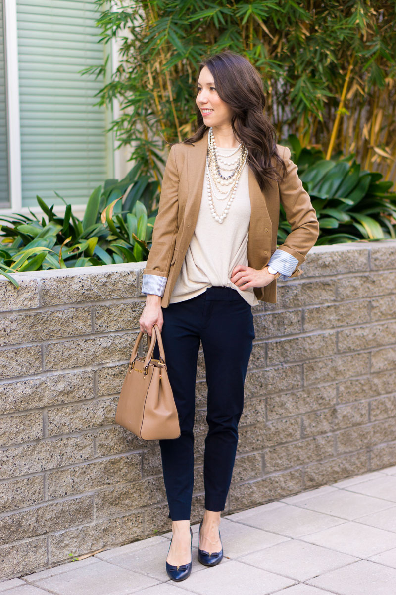 How to Wear Navy & Camel Together | Neutral Tones & Layering | Petite fashion and style blog | Petite style advice | J. Crew Factory Schoolboy blazer camel | J. Crew Factory Sidewalk skirt 00 camel | scallops | J. Crew Factory chambray button-up petite | Pearl statement necklace | Banana Republic Sloan pants review | navy bow heels for work | work outfit ideas | gibson twist pearlized statement necklace