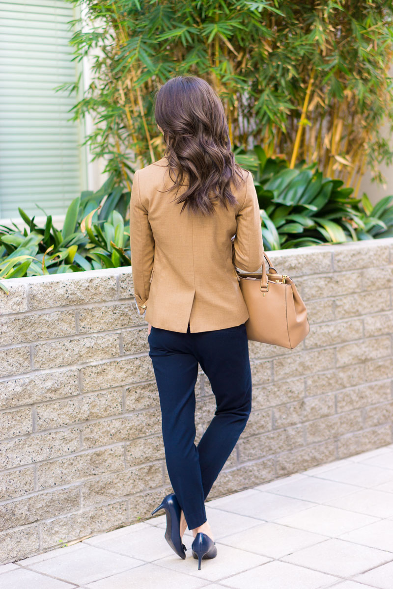 How to Wear Navy & Camel Together | Neutral Tones & Layering | Petite fashion and style blog | Petite style advice | J. Crew Factory Schoolboy blazer camel | J. Crew Factory Sidewalk skirt 00 camel | scallops | J. Crew Factory chambray button-up petite | Pearl statement necklace | Banana Republic Sloan pants review | navy bow heels for work | work outfit ideas | gibson twist pearlized statement necklace