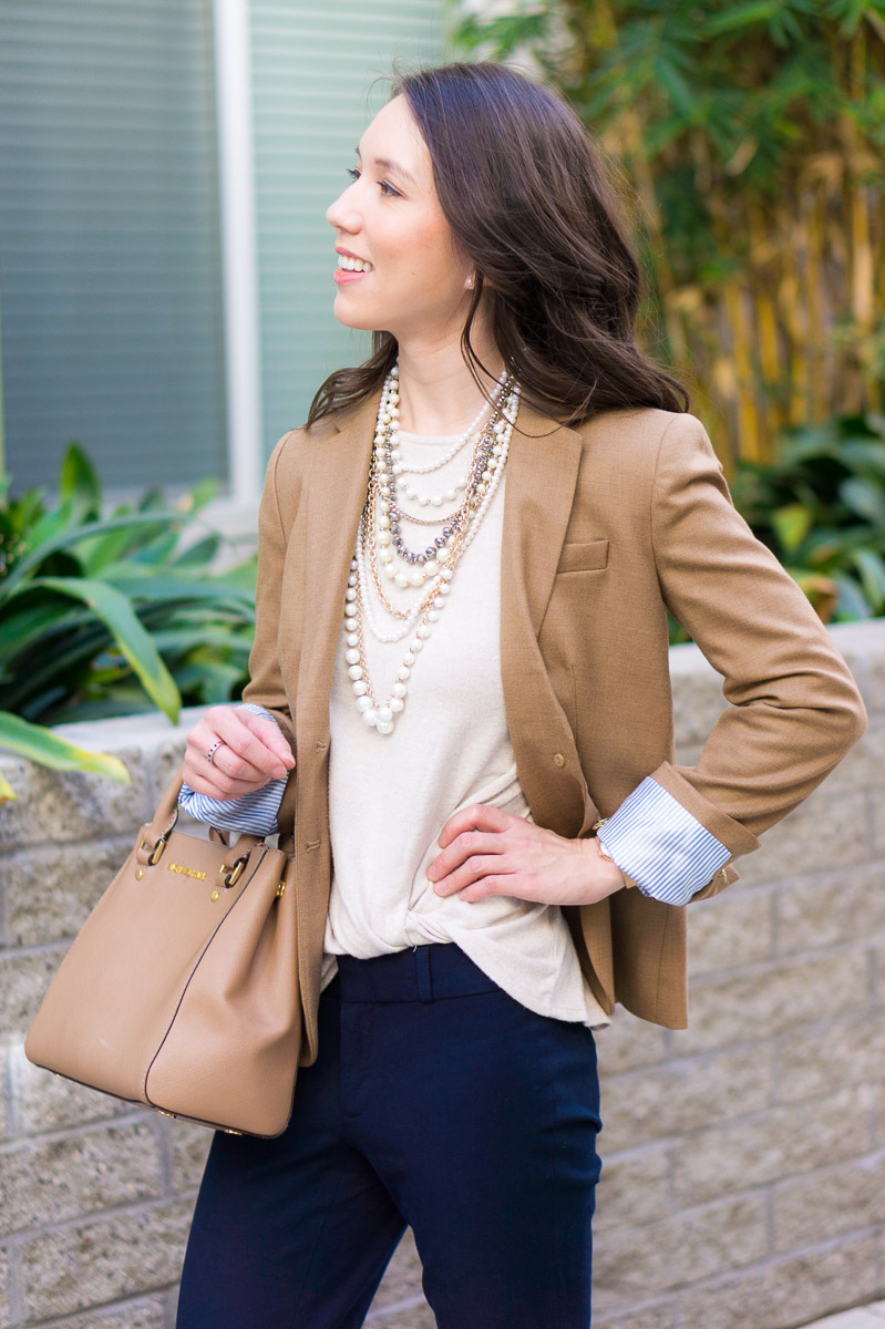 How to Wear Navy & Camel Together | Neutral Tones & Layering | Petite fashion and style blog | Petite style advice | J. Crew Factory Schoolboy blazer camel | J. Crew Factory Sidewalk skirt 00 camel | scallops | J. Crew Factory chambray button-up petite | Pearl statement necklace | Banana Republic Sloan pants review | navy bow heels for work | work outfit ideas | gibson twist pearlized statement necklace