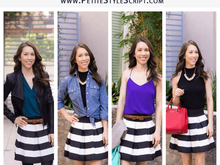 How to Style a Striped Skirt 4 Ways // Work, Weekend, Date, Casual | Petite Fashion and Style Blog | Capsule Wardrobes | Spring outfit inspiration | Date night outfits | Modcloth striped skirt | BlankNYC faux leather jacket | Lush tunic blouse | Chambray shirt | Halter top for work Ann Taylor | outfits with pops of color