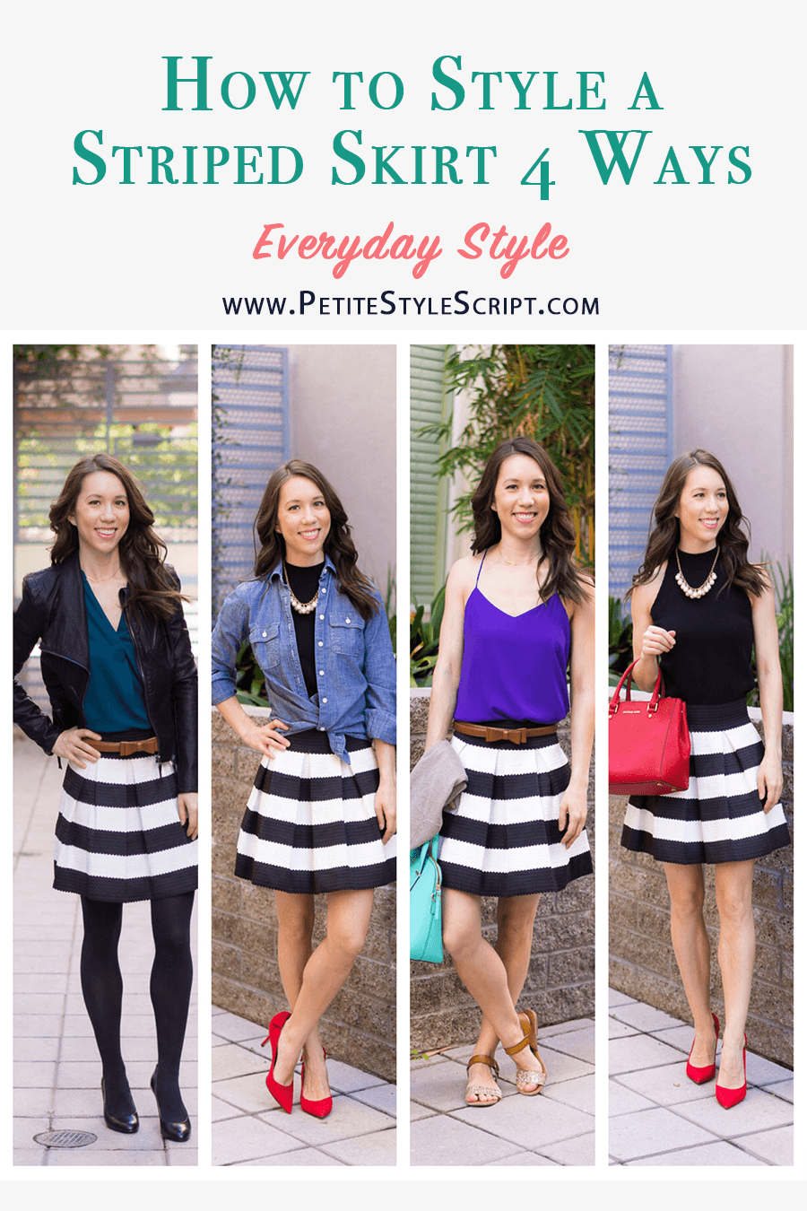 How to Style a Striped Skirt 4 Ways // Work, Weekend, Date, Casual | Petite Fashion and Style Blog | Capsule Wardrobes | Spring outfit inspiration | Date night outfits | Modcloth striped skirt | BlankNYC faux leather jacket | Lush tunic blouse | Chambray shirt | Halter top for work Ann Taylor | outfits with pops of color