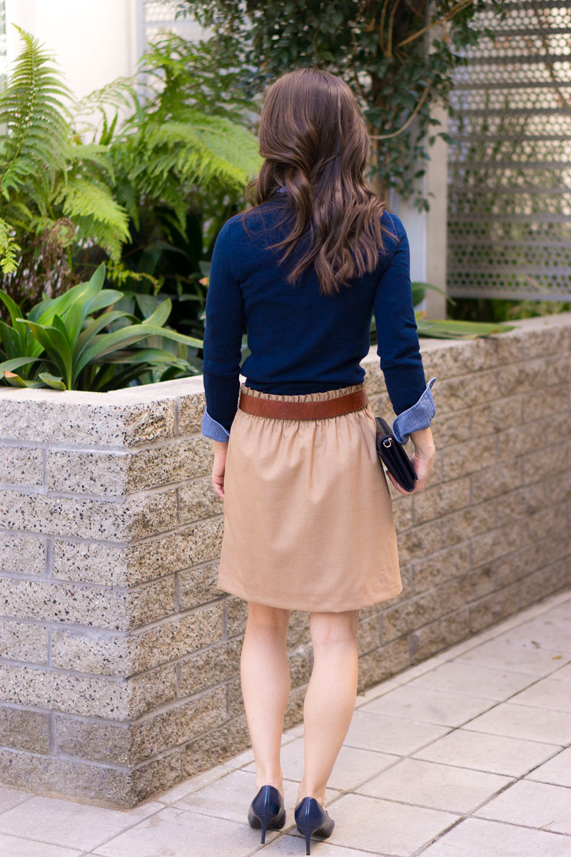 How to Wear Navy & Camel Together | Neutral Tones & Layering | Petite fashion and style blog | Petite style advice | J. Crew Factory Schoolboy blazer camel | J. Crew Factory Sidewalk skirt 00 camel | scallops | J. Crew Factory chambray button-up petite | Pearl statement necklace | Banana Republic Sloan pants review | navy bow heels for work | work outfit ideas | layering chambray sweater and blazer together