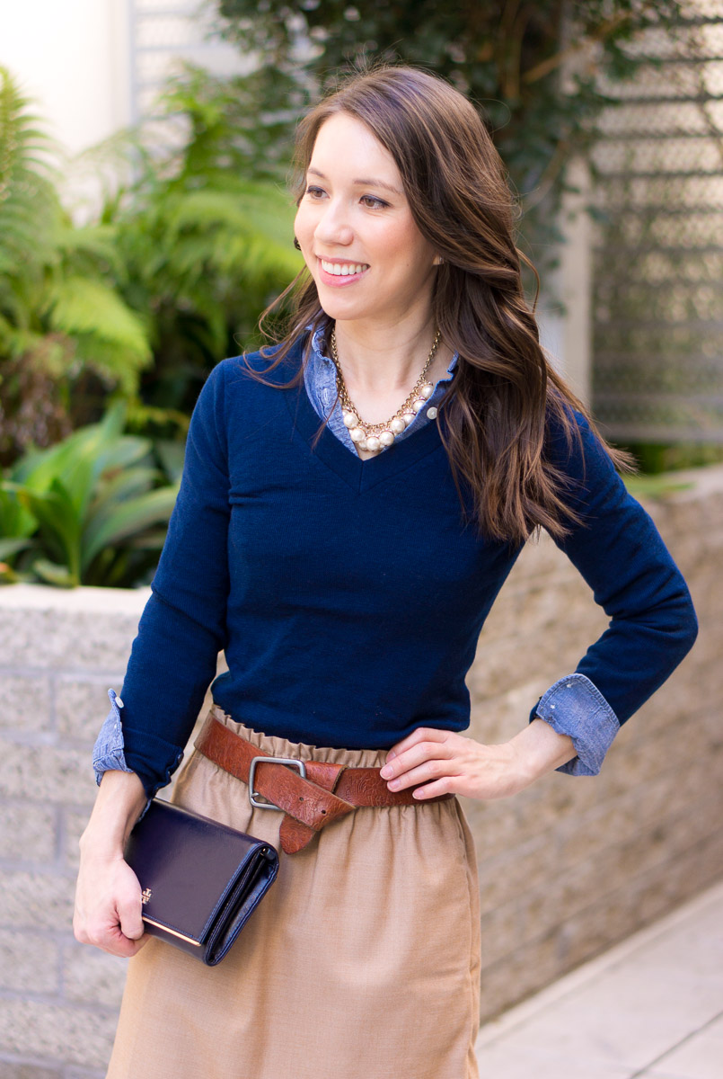 How to Wear Navy & Camel Together | Neutral Tones & Layering | Petite fashion and style blog | Petite style advice | J. Crew Factory Schoolboy blazer camel | J. Crew Factory Sidewalk skirt 00 camel | scallops | J. Crew Factory chambray button-up petite | Pearl statement necklace | Banana Republic Sloan pants review | navy bow heels for work | work outfit ideas | layering chambray sweater and blazer together