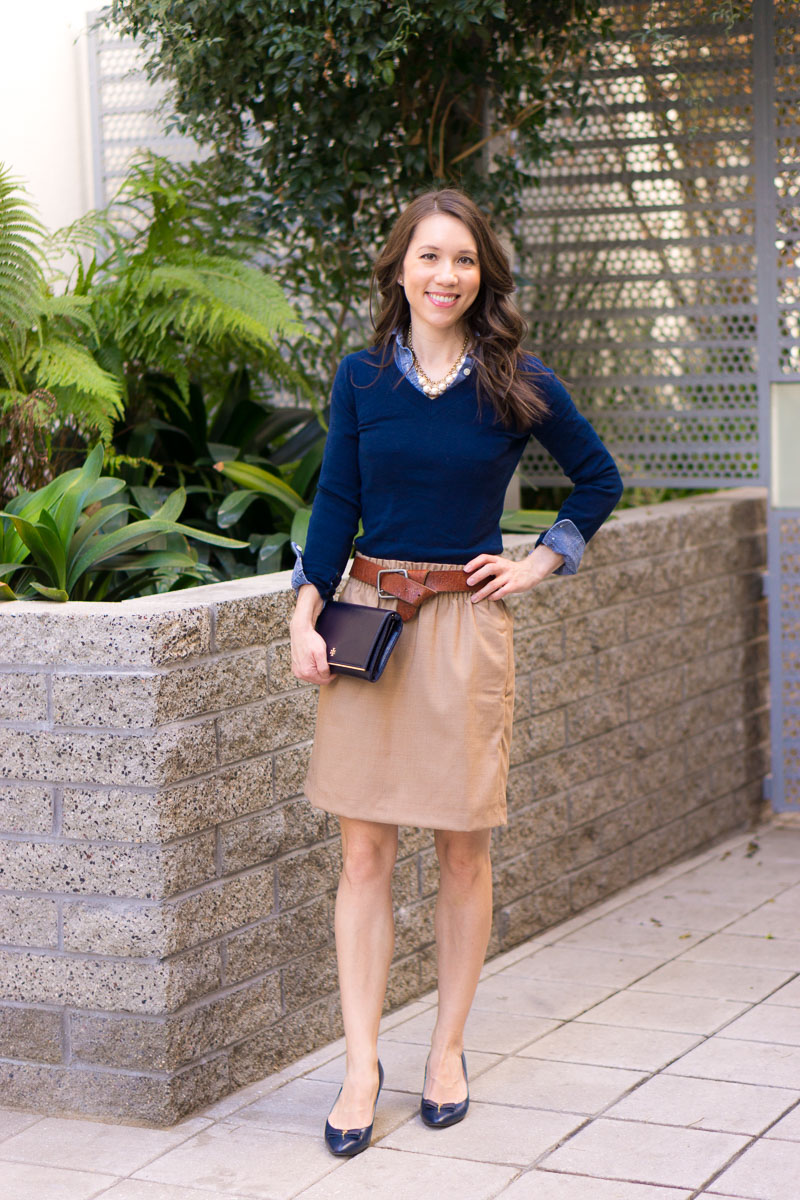 How to Wear Navy & Camel Together | Neutral Tones & Layering | Petite fashion and style blog | Petite style advice | J. Crew Factory Schoolboy blazer camel | J. Crew Factory Sidewalk skirt 00 camel | scallops | J. Crew Factory chambray button-up petite | Pearl statement necklace | Banana Republic Sloan pants review | navy bow heels for work | work outfit ideas | layering chambray sweater and blazer together