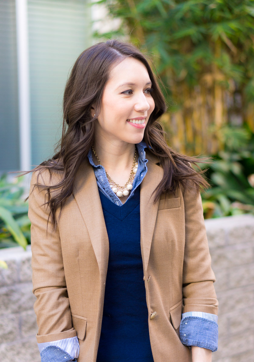 How to Wear Navy & Camel Together | Neutral Tones & Layering | Petite fashion and style blog | Petite style advice | J. Crew Factory Schoolboy blazer camel | J. Crew Factory Sidewalk skirt 00 camel | scallops | J. Crew Factory chambray button-up petite | Pearl statement necklace | Banana Republic Sloan pants review | navy bow heels for work | work outfit ideas | layering chambray sweater and blazer together