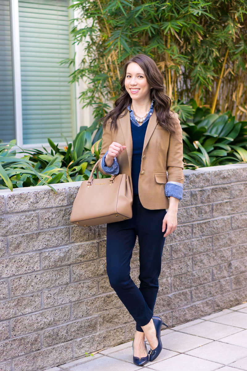 How to Wear Navy & Camel Together | Neutral Tones & Layering | Petite fashion and style blog | Petite style advice | J. Crew Factory Schoolboy blazer camel | J. Crew Factory Sidewalk skirt 00 camel | scallops | J. Crew Factory chambray button-up petite | Pearl statement necklace | Banana Republic Sloan pants review | navy bow heels for work | work outfit ideas | layering chambray sweater and blazer together