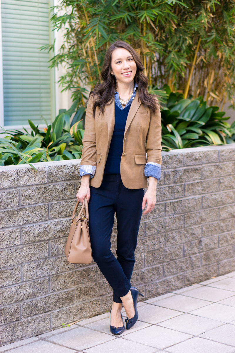 How to Wear Navy & Camel Together | Neutral Tones & Layering | Petite fashion and style blog | Petite style advice | J. Crew Factory Schoolboy blazer camel | J. Crew Factory Sidewalk skirt 00 camel | scallops | J. Crew Factory chambray button-up petite | Pearl statement necklace | Banana Republic Sloan pants review | navy bow heels for work | work outfit ideas | layering chambray sweater and blazer together