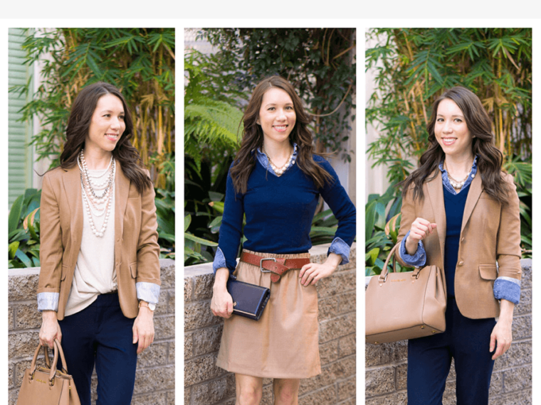 How to Wear Navy & Camel Together | Neutral Tones & Layering | Petite fashion and style blog | Petite style advice | J. Crew Factory Schoolboy blazer camel | J. Crew Factory Sidewalk skirt 00 camel | scallops | J. Crew Factory chambray button-up petite | Pearl statement necklace | Banana Republic Sloan pants review | navy bow heels for work | work outfit ideas | layering chambray sweater and blazer together