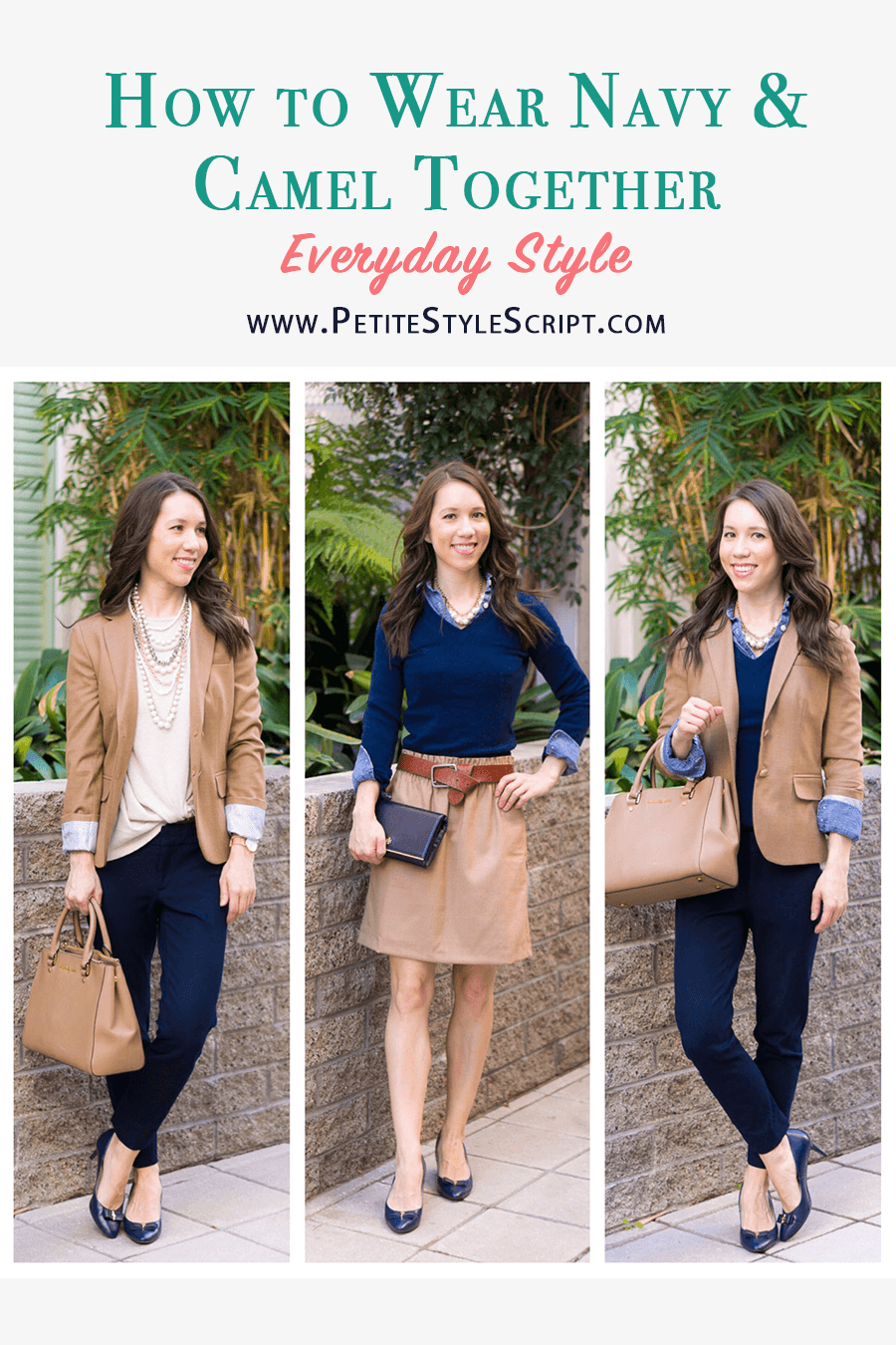 How to Wear Navy & Camel Together | Neutral Tones & Layering | Petite fashion and style blog | Petite style advice | J. Crew Factory Schoolboy blazer camel | J. Crew Factory Sidewalk skirt 00 camel | scallops | J. Crew Factory chambray button-up petite | Pearl statement necklace | Banana Republic Sloan pants review | navy bow heels for work | work outfit ideas | layering chambray sweater and blazer together
