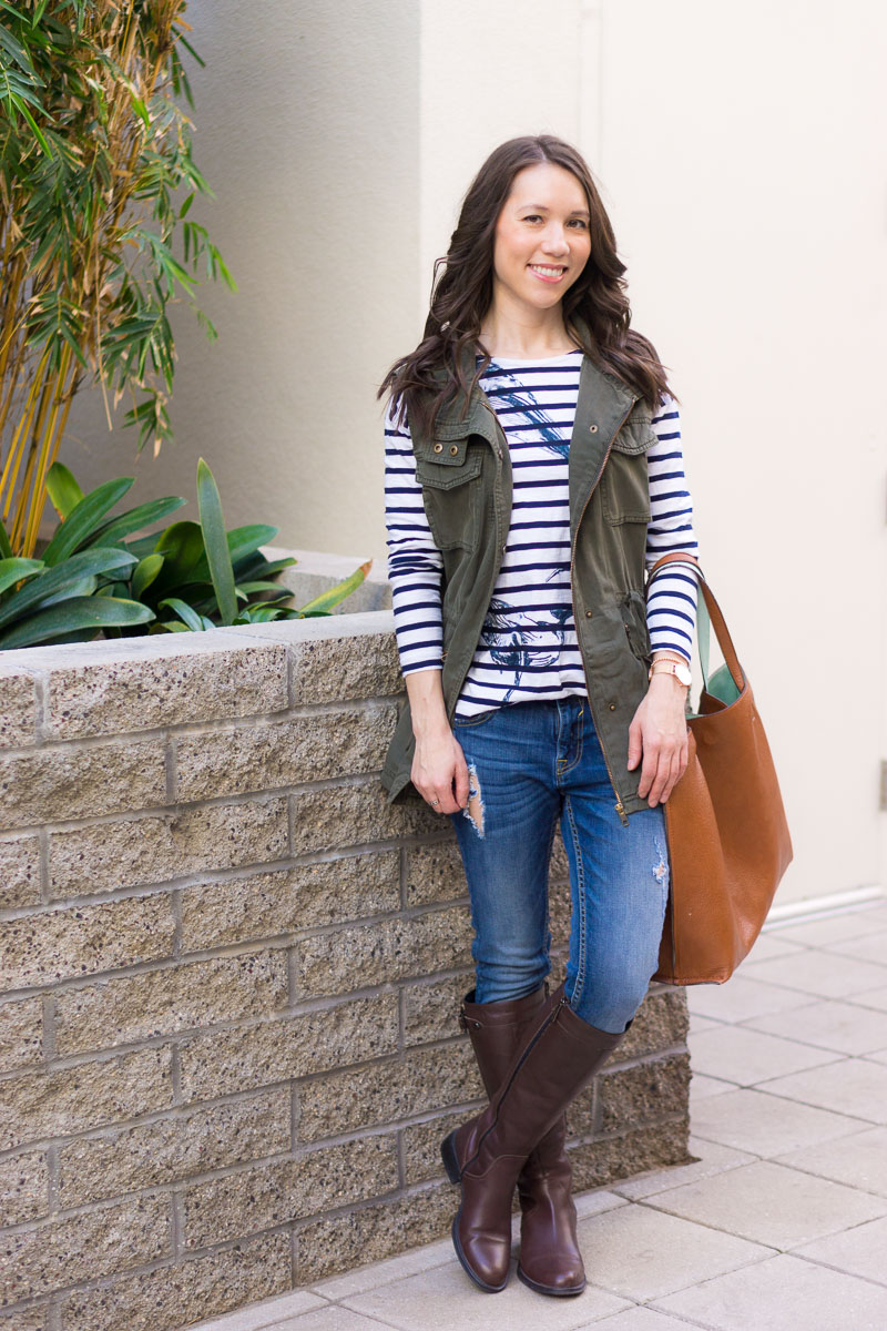 How to style a utility vest | women utility vest | Caslon olive green vest | navy vest | spring layers | summer layers | olive green striped tee brown tote bag | paige white denim navy olive green vest | FIGS longsleeve underscrub tee | FIGS scrubs review | M. Gemi Cerchio sneaker review | gray slip on sneakers | Aquatalia brown riding boots | waterproof boots review | petite fashion and style blog | capsule wardrobe advice