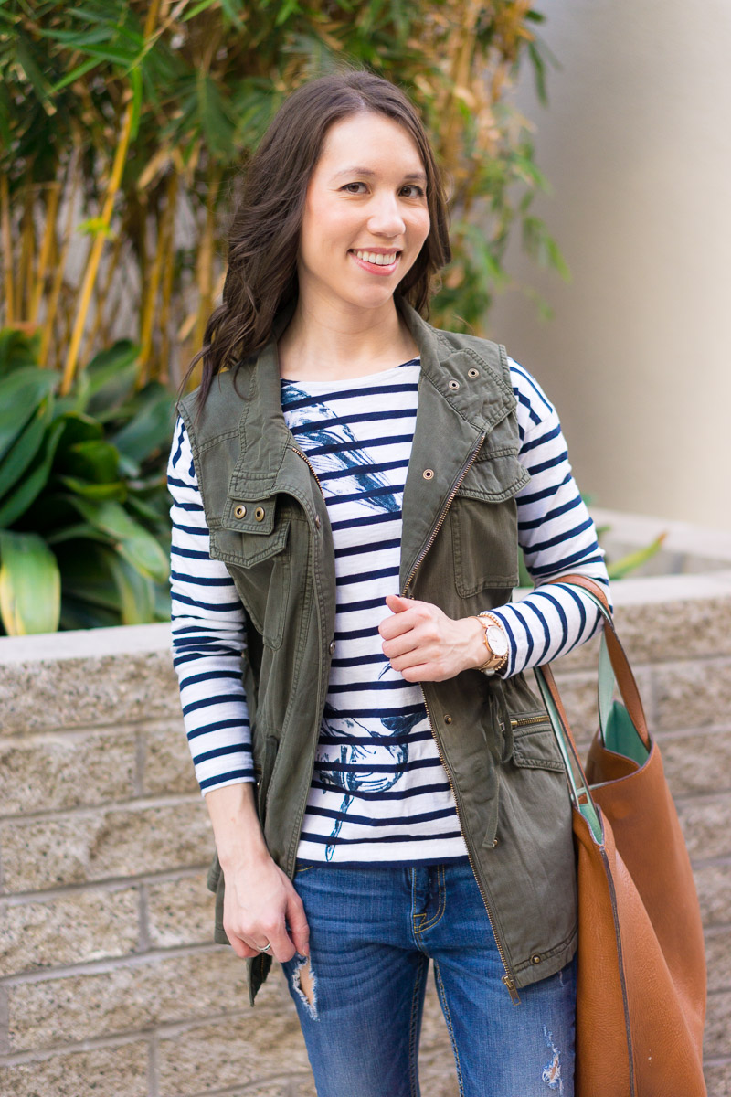 How to style a utility vest | women utility vest | Caslon olive green vest | navy vest | spring layers | summer layers | olive green striped tee brown tote bag | paige white denim navy olive green vest | FIGS longsleeve underscrub tee | FIGS scrubs review | M. Gemi Cerchio sneaker review | gray slip on sneakers | Aquatalia brown riding boots | waterproof boots review | petite fashion and style blog | capsule wardrobe advice