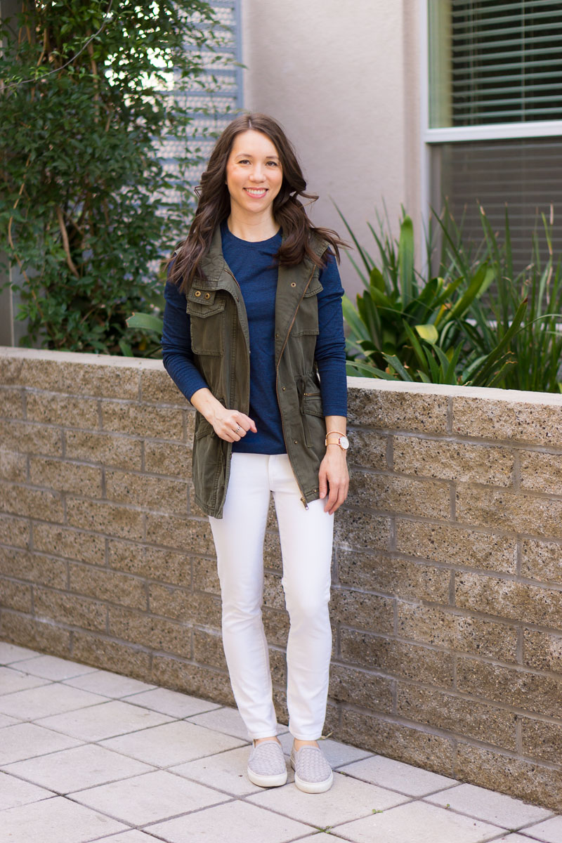 How to style a utility vest | women utility vest | Caslon olive green vest | navy vest | spring layers | summer layers | olive green striped tee brown tote bag | paige white denim navy olive green vest | FIGS longsleeve underscrub tee | FIGS scrubs review | M. Gemi Cerchio sneaker review | gray slip on sneakers | Aquatalia brown riding boots | waterproof boots review | petite fashion and style blog | capsule wardrobe advice