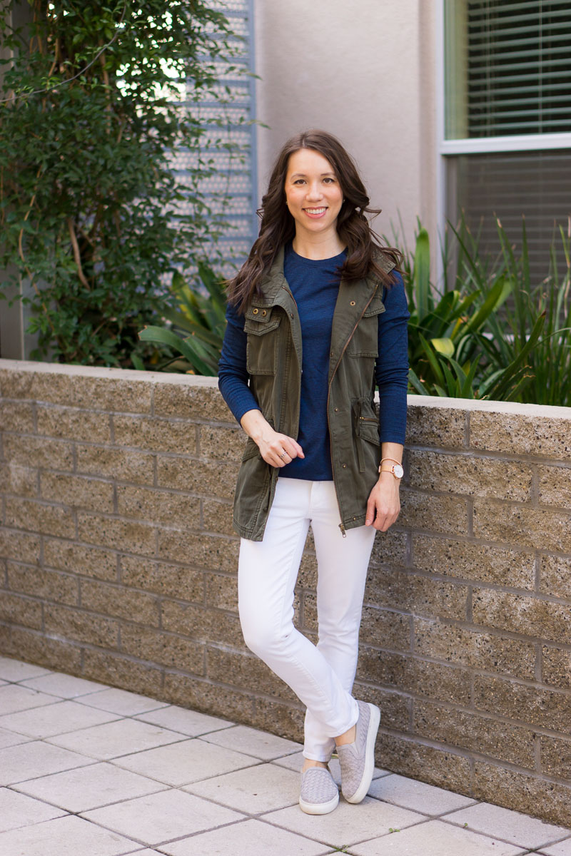 How to style a utility vest | women utility vest | Caslon olive green vest | navy vest | spring layers | summer layers | olive green striped tee brown tote bag | paige white denim navy olive green vest | FIGS longsleeve underscrub tee | FIGS scrubs review | M. Gemi Cerchio sneaker review | gray slip on sneakers | Aquatalia brown riding boots | waterproof boots review | petite fashion and style blog | capsule wardrobe advice