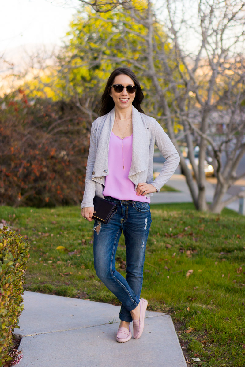 J. Crew Factory Scallop Camisole Top Review | scallop tank | scallop longsleeve tee | distressed denim | Caslon knit jacket | petite fashion and style blog | M. Gemi Pastoso review | M. Gemi Felize loafer moccasin flats review | Tory Burch polarized sunglasses | Daniel Wellington petite watch