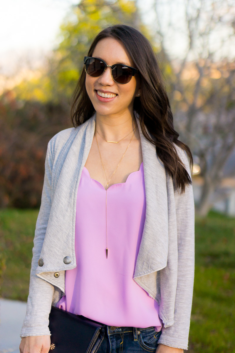 J. Crew Factory Scallop Camisole Top Review | scallop tank | scallop longsleeve tee | distressed denim | Caslon knit jacket | petite fashion and style blog | M. Gemi Pastoso review | M. Gemi Felize loafer moccasin flats review | Tory Burch polarized sunglasses | Daniel Wellington petite watch