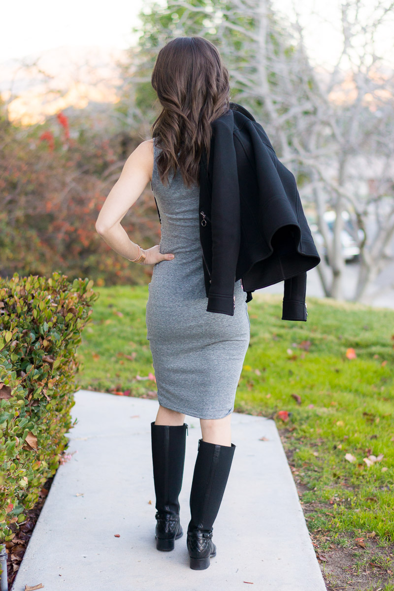 Leith Ruched Body-Con Tank Dress Review | Gray tank dress | Aquatalia waterproof black boots | Black moto jacket | Nordstrom solid dress $56 | everyday dress inexpensive style for petite women | Ann Taylor jacket | winter to spring outfit ideas | Leith long sleeve orange dress