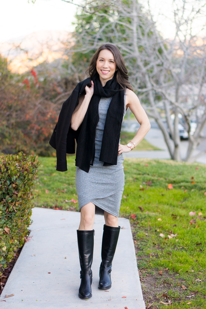 Leith Ruched Body-Con Tank Dress Review | Gray tank dress | Aquatalia waterproof black boots | Black moto jacket | Nordstrom solid dress $56 | everyday dress inexpensive style for petite women | Ann Taylor jacket | winter to spring outfit ideas | Leith long sleeve orange dress