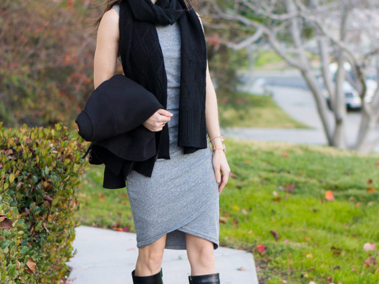 Leith Ruched Body-Con Tank Dress Review | Gray tank dress | Aquatalia waterproof black boots | Black moto jacket | Nordstrom solid dress $56 | everyday dress inexpensive style for petite women | Ann Taylor jacket | winter to spring outfit ideas | Leith long sleeve orange dress