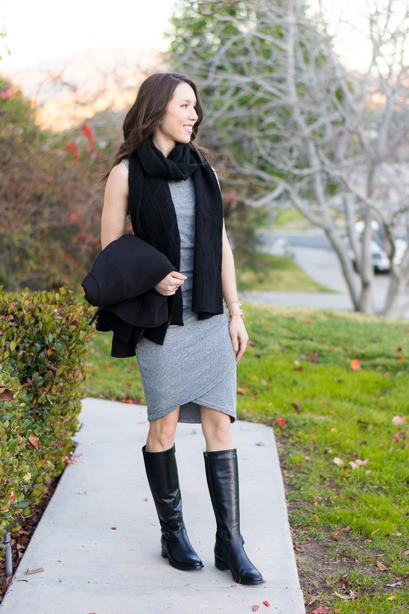 Leith Ruched Body-Con Tank Dress Review | Gray tank dress | Aquatalia waterproof black boots | Black moto jacket | Nordstrom solid dress $56 | everyday dress inexpensive style for petite women | Ann Taylor jacket | winter to spring outfit ideas | Leith long sleeve orange dress