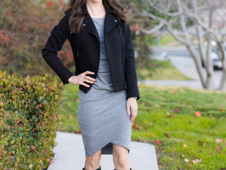 Leith Ruched Body-Con Tank Dress Review | Gray tank dress | Aquatalia waterproof black boots | Black moto jacket | Nordstrom solid dress $56 | everyday dress inexpensive style for petite women | Ann Taylor jacket | winter to spring outfit ideas | Leith long sleeve orange dress