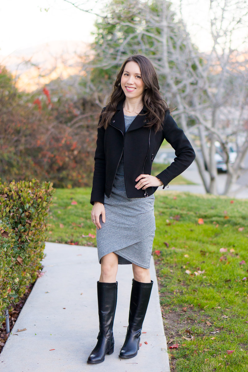 Leith Ruched Body-Con Tank Dress Review | Gray tank dress | Aquatalia waterproof black boots | Black moto jacket | Nordstrom solid dress $56 | everyday dress inexpensive style for petite women | Ann Taylor jacket | winter to spring outfit ideas | Leith long sleeve orange dress