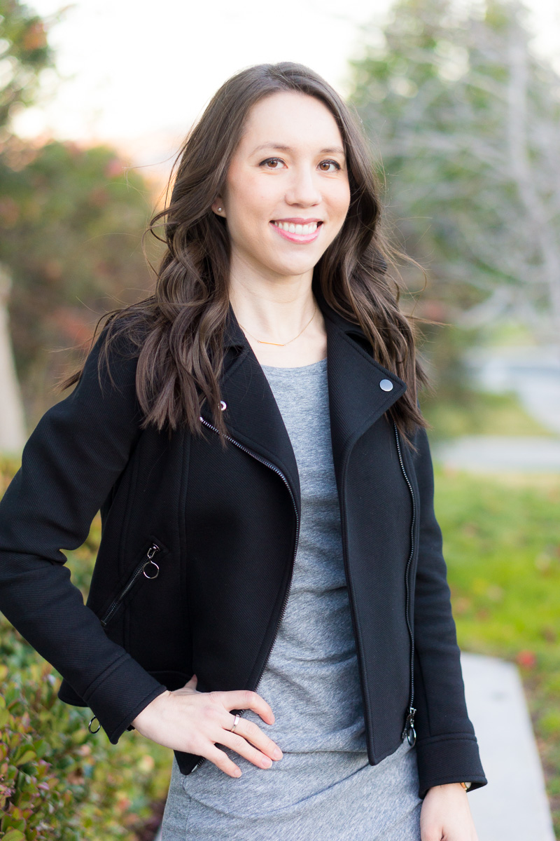 Leith Ruched Body-Con Tank Dress Review | Gray tank dress | Aquatalia waterproof black boots | Black moto jacket | Nordstrom solid dress $56 | everyday dress inexpensive style for petite women | Ann Taylor jacket | winter to spring outfit ideas | Leith long sleeve orange dress