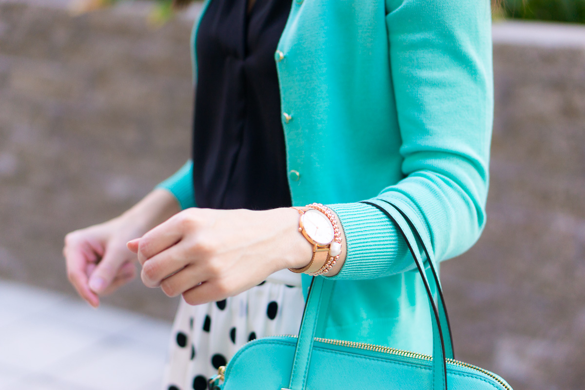 How to Wear Polka Dots & Mint Green this Spring | J. Crew Factory dot skirt review | Modcloth spring skirts | Mint green handbag Kate Spade | Mint green cardigan J. Crew Factory | Ferragamo black bow heels | Work outfit inspiration | Polka dots black green outfit | Spring outfit inspiration | Petite fashion and style blog