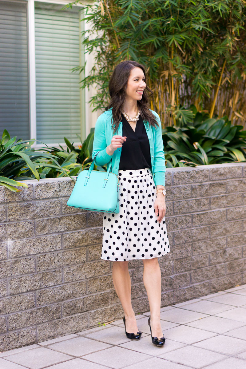 How to Wear Polka Dots & Mint Green this Spring | J. Crew Factory dot skirt review | Modcloth spring skirts | Mint green handbag Kate Spade | Mint green cardigan J. Crew Factory | Ferragamo black bow heels | Work outfit inspiration | Polka dots black green outfit | Spring outfit inspiration | Petite fashion and style blog