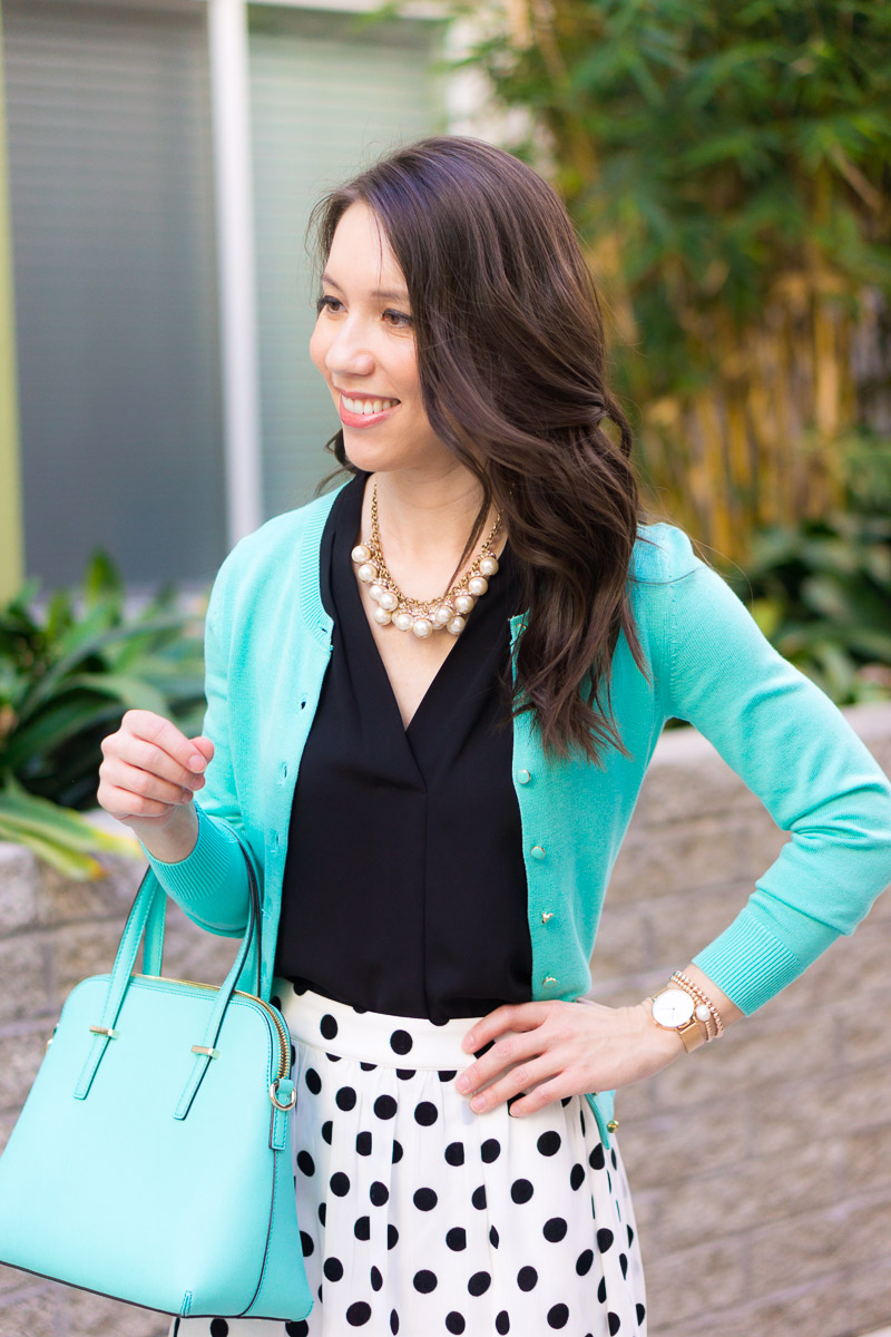 How to Wear Polka Dots & Mint Green this Spring | J. Crew Factory dot skirt review | Modcloth spring skirts | Mint green handbag Kate Spade | Mint green cardigan J. Crew Factory | Ferragamo black bow heels | Work outfit inspiration | Polka dots black green outfit | Spring outfit inspiration | Petite fashion and style blog
