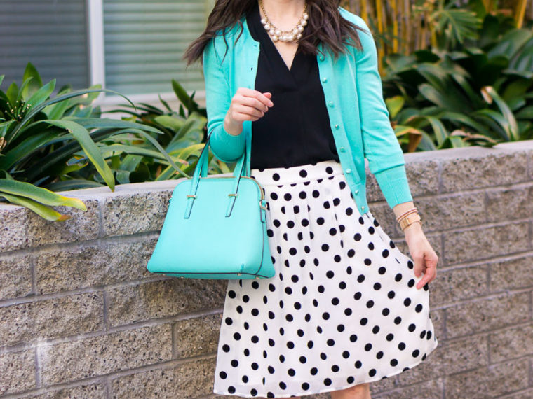 How to Wear Polka Dots & Mint Green this Spring | J. Crew Factory dot skirt review | Modcloth spring skirts | Mint green handbag Kate Spade | Mint green cardigan J. Crew Factory | Ferragamo black bow heels | Work outfit inspiration | Polka dots black green outfit | Spring outfit inspiration | Petite fashion and style blog