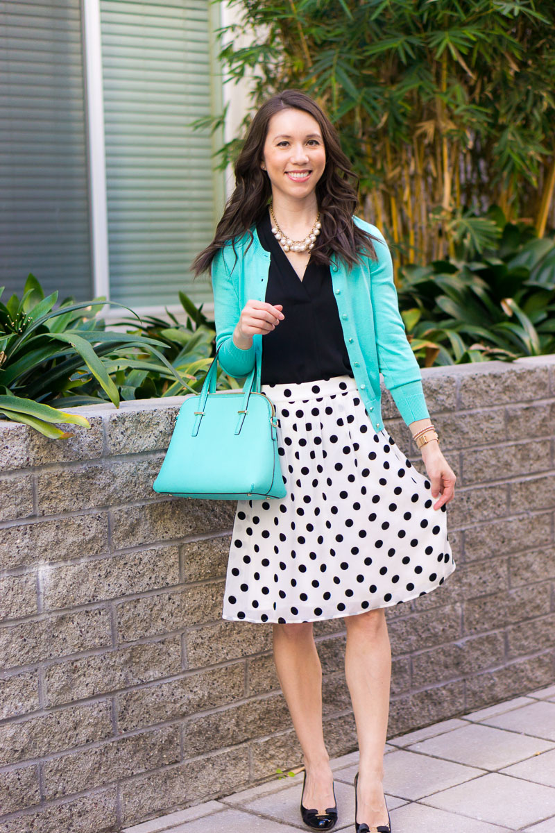 How to Wear Polka Dots & Mint Green this Spring | J. Crew Factory dot skirt review | Modcloth spring skirts | Mint green handbag Kate Spade | Mint green cardigan J. Crew Factory | Ferragamo black bow heels | Work outfit inspiration | Polka dots black green outfit | Spring outfit inspiration | Petite fashion and style blog