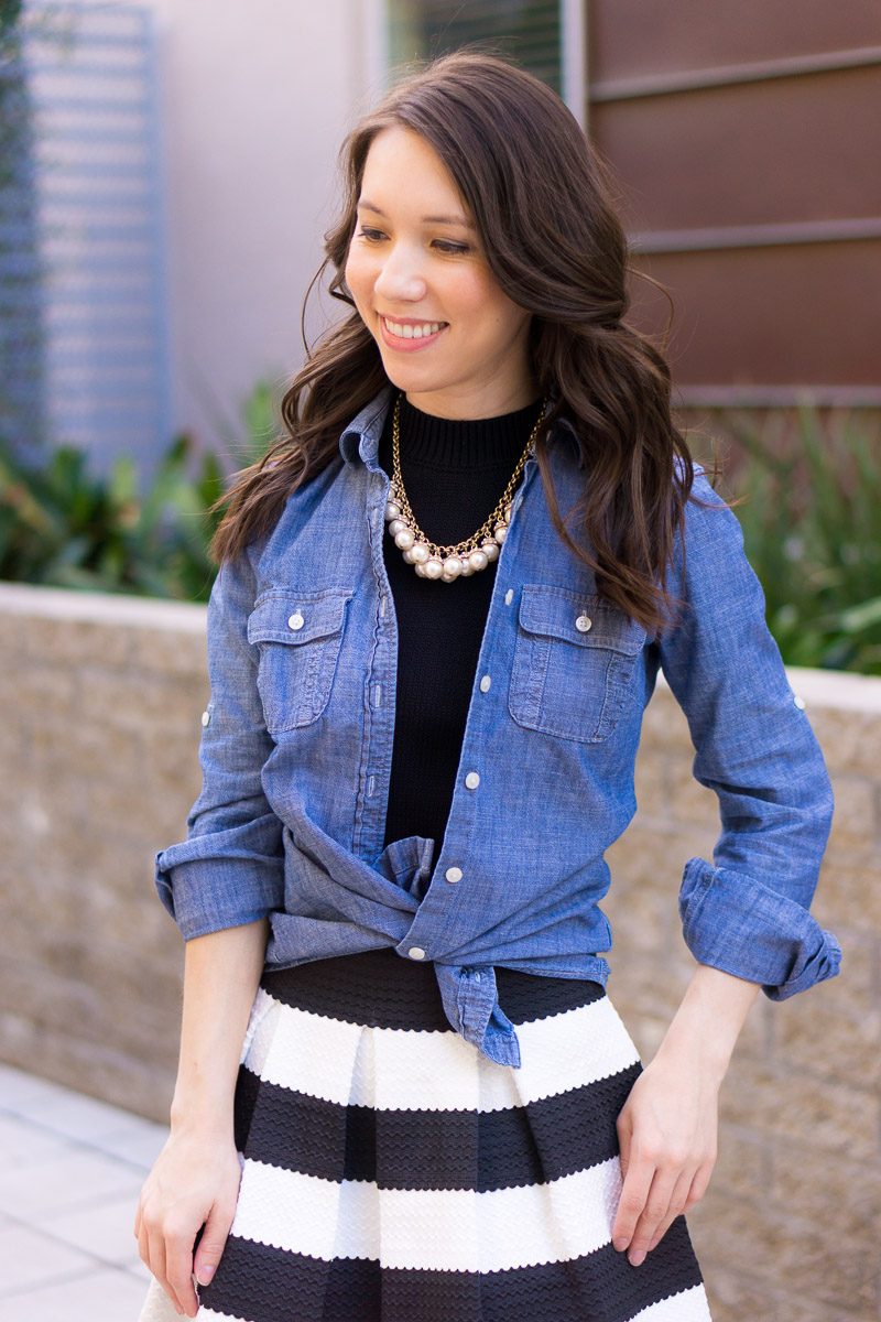 How to Style a Striped Skirt 4 Ways // Work, Weekend, Date, Casual | Petite Fashion and Style Blog | Capsule Wardrobes | Spring outfit inspiration | Date night outfits | Modcloth striped skirt | BlankNYC faux leather jacket | Lush tunic blouse | Chambray shirt | Halter top for work Ann Taylor | outfits with pops of color