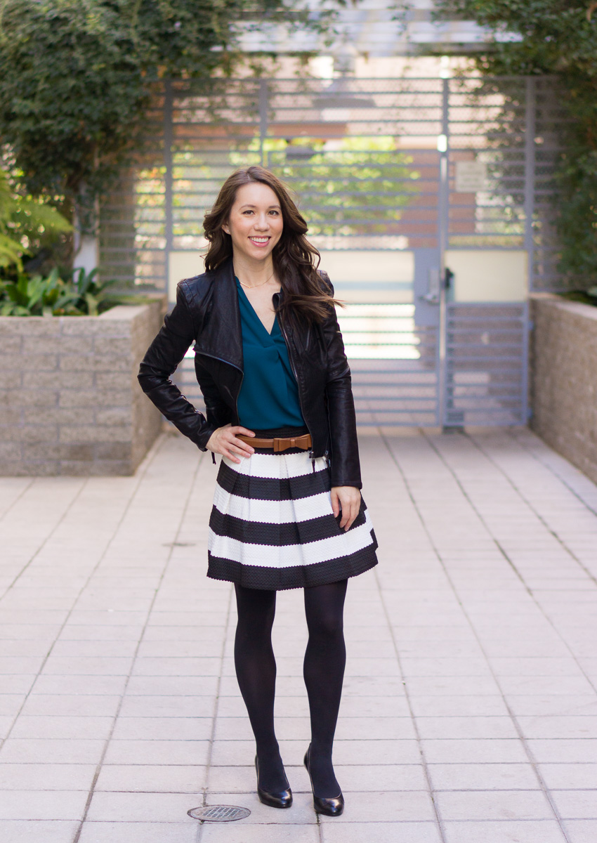 How to Style a Striped Skirt 4 Ways // Work, Weekend, Date, Casual | Petite Fashion and Style Blog | Capsule Wardrobes | Spring outfit inspiration | Date night outfits | Modcloth striped skirt | BlankNYC faux leather jacket | Lush tunic blouse | Chambray shirt | Halter top for work Ann Taylor | outfits with pops of color