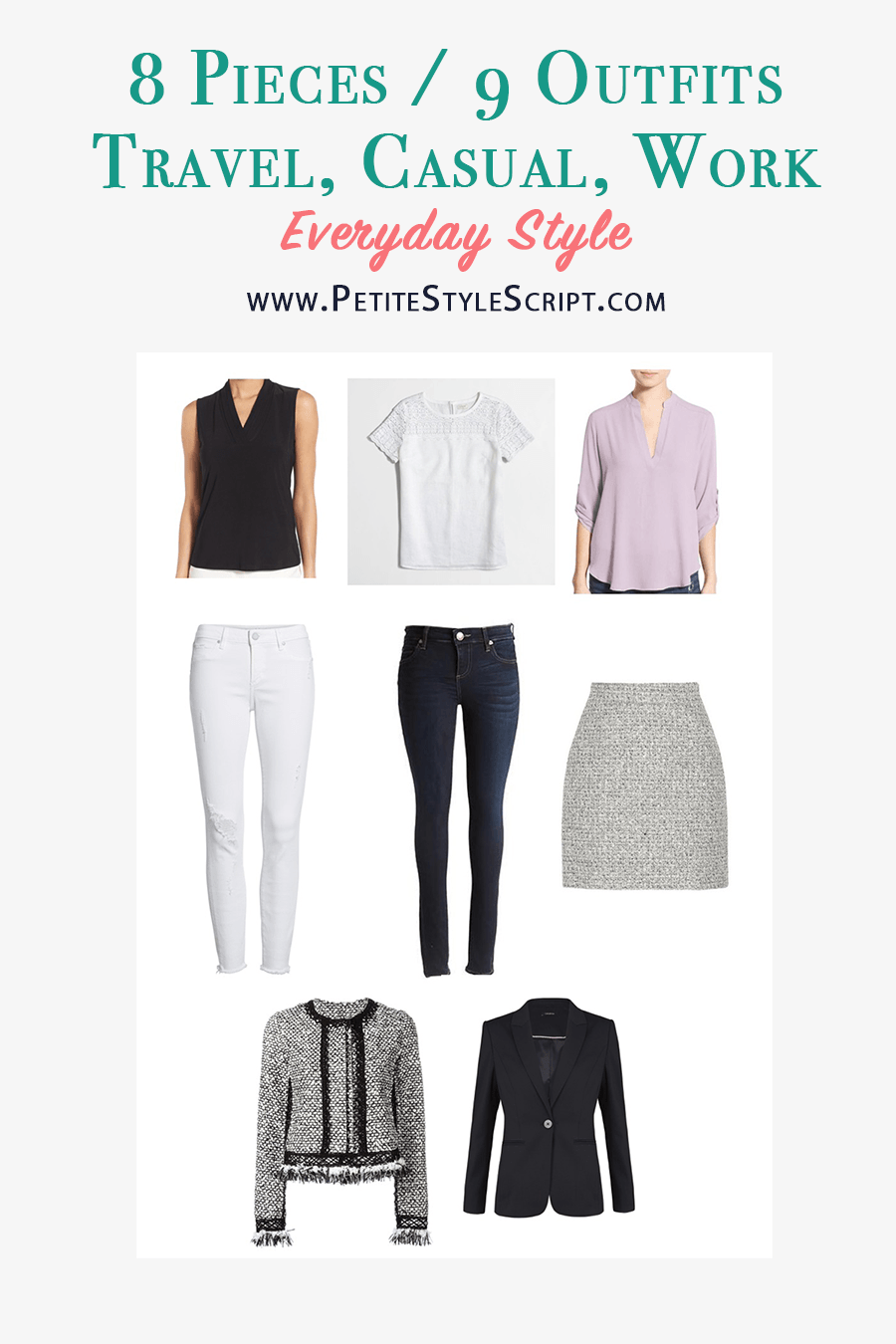 Spring Packing List | Spring Travel Capsule Wardrobe for women | Spring outfit ideas | Free download | Petite fashion and style blog | 8 piece capsule wardrobe 9 outfit ideas | Spring style | Office style | Casual outfits work outfits