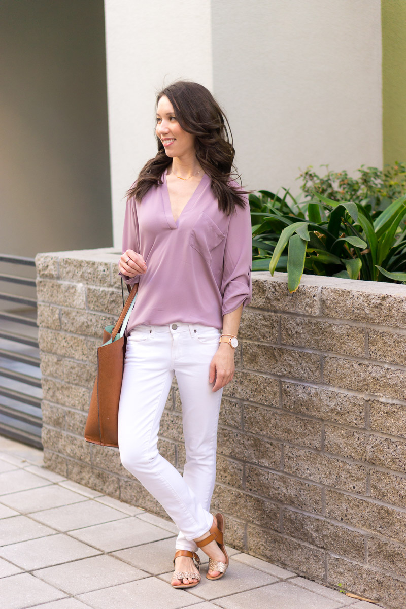 Spring outfit ideas | 4 go-to spring outfit formulas | M. Gemi Pastoso loafer review | blush pink flats loafers | Scallop tank top | J. Crew Factory scallop camisole | capsule wardrobe tips and advice | petite fashion and style blog | white lace white denim block heeled sandals tweed blazer | lavender and distressed denim | NIC+ZOE 4-way cardigan review | olive green dress and neutral cardigan heels | Target Lakitia sandals review | Lush tunic blouse lilac purple | Ann Taylor block heeled sandals