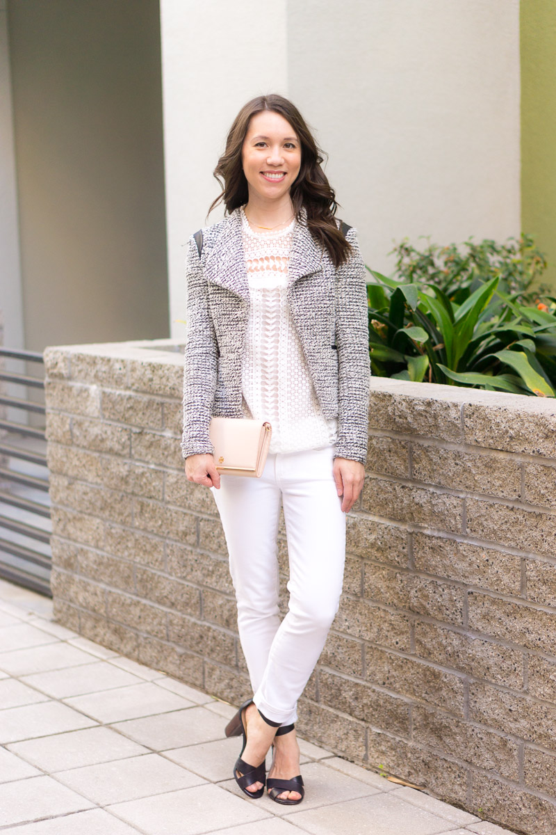 Spring outfit ideas | 4 go-to spring outfit formulas | M. Gemi Pastoso loafer review | blush pink flats loafers | Scallop tank top | J. Crew Factory scallop camisole | capsule wardrobe tips and advice | petite fashion and style blog | white lace white denim block heeled sandals tweed blazer | lavender and distressed denim | NIC+ZOE 4-way cardigan review | olive green dress and neutral cardigan heels | Target Lakitia sandals review | Lush tunic blouse lilac purple | Ann Taylor block heeled sandals