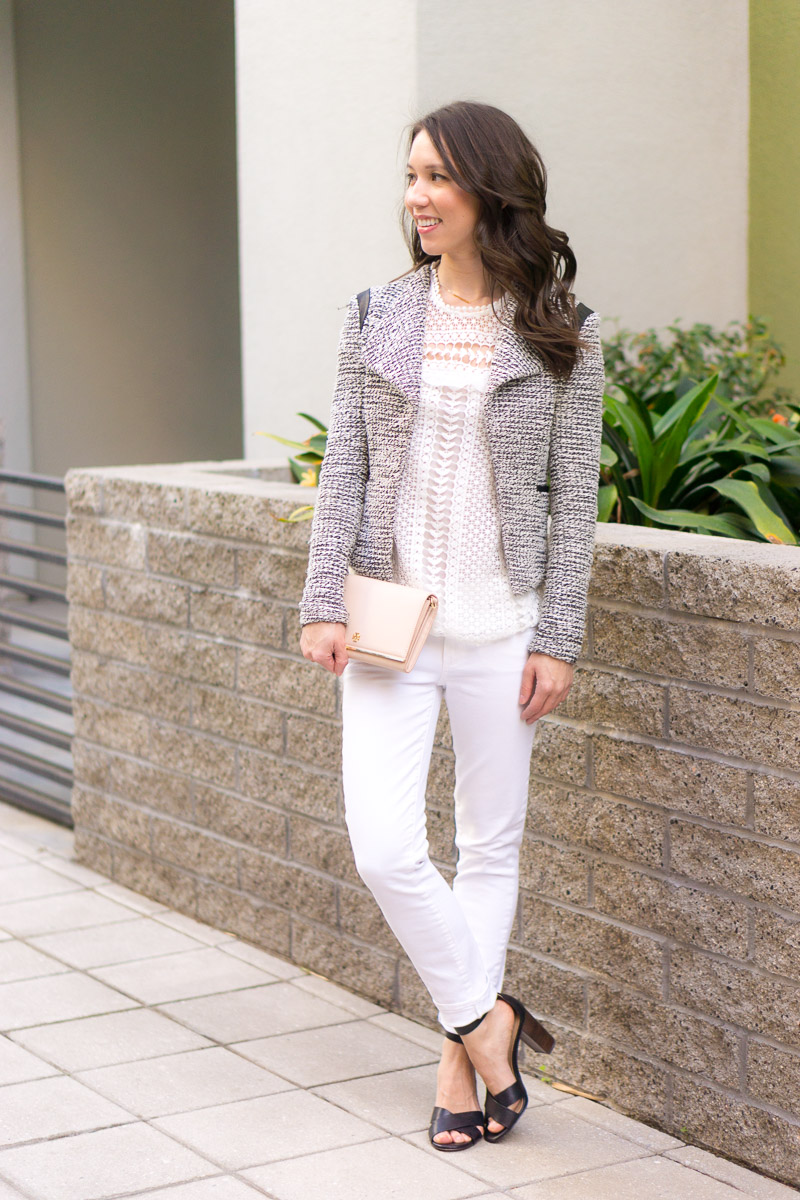 Spring outfit ideas | 4 go-to spring outfit formulas | M. Gemi Pastoso loafer review | blush pink flats loafers | Scallop tank top | J. Crew Factory scallop camisole | capsule wardrobe tips and advice | petite fashion and style blog | white lace white denim block heeled sandals tweed blazer | lavender and distressed denim | NIC+ZOE 4-way cardigan review | olive green dress and neutral cardigan heels | Target Lakitia sandals review | Lush tunic blouse lilac purple | Ann Taylor block heeled sandals