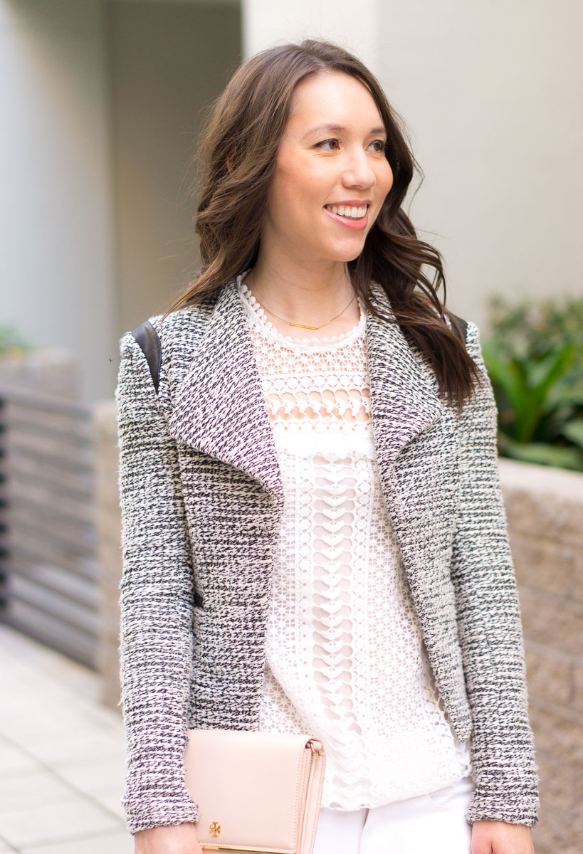 Spring outfit ideas | 4 go-to spring outfit formulas | M. Gemi Pastoso loafer review | blush pink flats loafers | Scallop tank top | J. Crew Factory scallop camisole | capsule wardrobe tips and advice | petite fashion and style blog | white lace white denim block heeled sandals tweed blazer | lavender and distressed denim | NIC+ZOE 4-way cardigan review | olive green dress and neutral cardigan heels | Target Lakitia sandals review | Lush tunic blouse lilac purple | Ann Taylor block heeled sandals