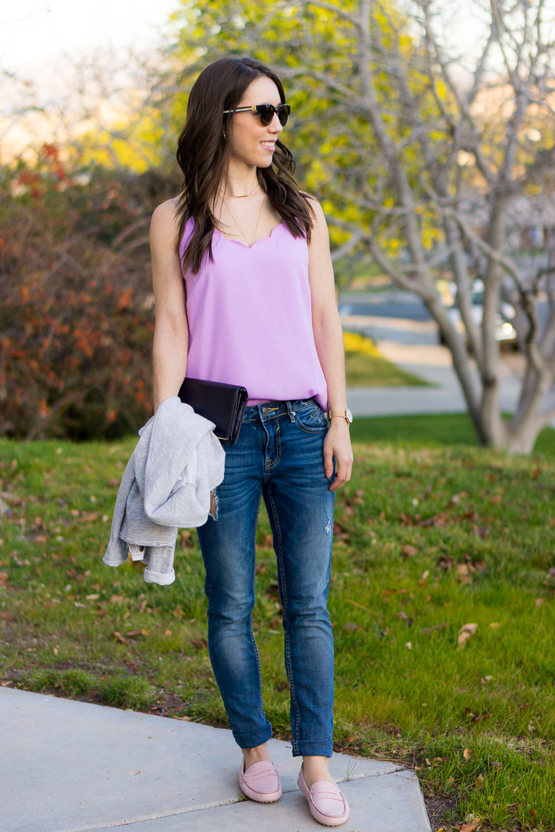 Spring outfit ideas | 4 go-to spring outfit formulas | M. Gemi Pastoso loafer review | blush pink flats loafers | Scallop tank top | J. Crew Factory scallop camisole | capsule wardrobe tips and advice | petite fashion and style blog | white lace white denim block heeled sandals tweed blazer | lavender and distressed denim | NIC+ZOE 4-way cardigan review | olive green dress and neutral cardigan heels | Target Lakitia sandals review | Lush tunic blouse lilac purple | Ann Taylor block heeled sandals