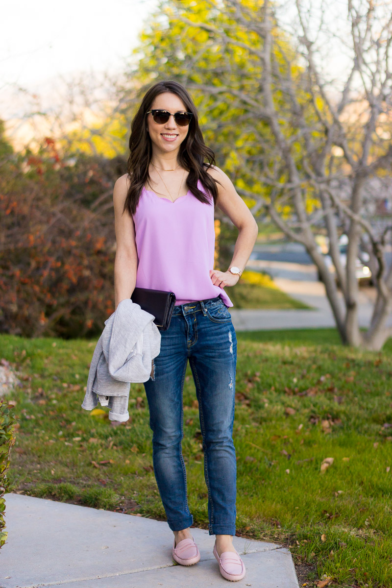 Spring outfit ideas | 4 go-to spring outfit formulas | M. Gemi Pastoso loafer review | blush pink flats loafers | Scallop tank top | J. Crew Factory scallop camisole | capsule wardrobe tips and advice | petite fashion and style blog | white lace white denim block heeled sandals tweed blazer | lavender and distressed denim | NIC+ZOE 4-way cardigan review | olive green dress and neutral cardigan heels | Target Lakitia sandals review | Lush tunic blouse lilac purple | Ann Taylor block heeled sandals