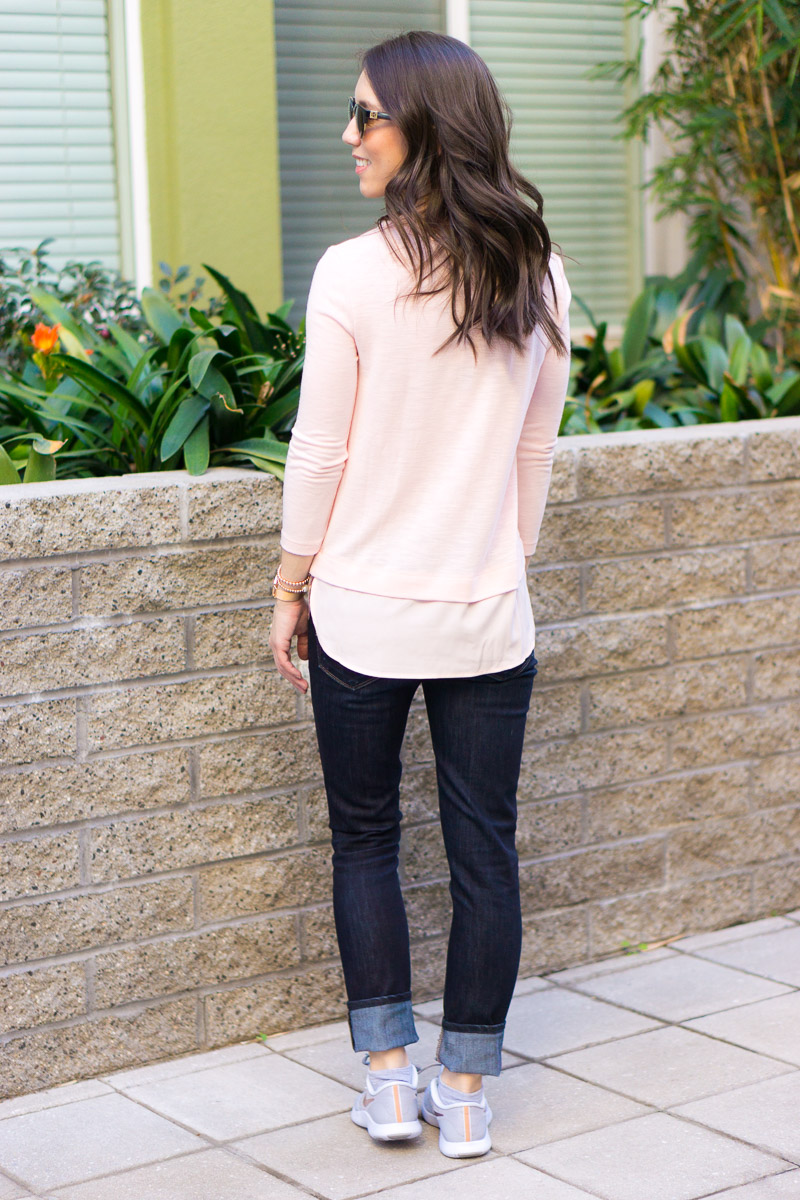 Three Go-To Looks for running errands | Petite fashion and style blog | Capsule wardrobe download and style tips | Outfits for women running errands SAHM | J. Crew drapey tee blush pink dark wash denim | Nike rose gold gray sneakers | Zella twist tie top review | Gibson twist tee oatmeal top review | M. Gemi Cerchio sneaker review | slip on sneakers Lululemon burgundy pants leggings | reversible Tote bag