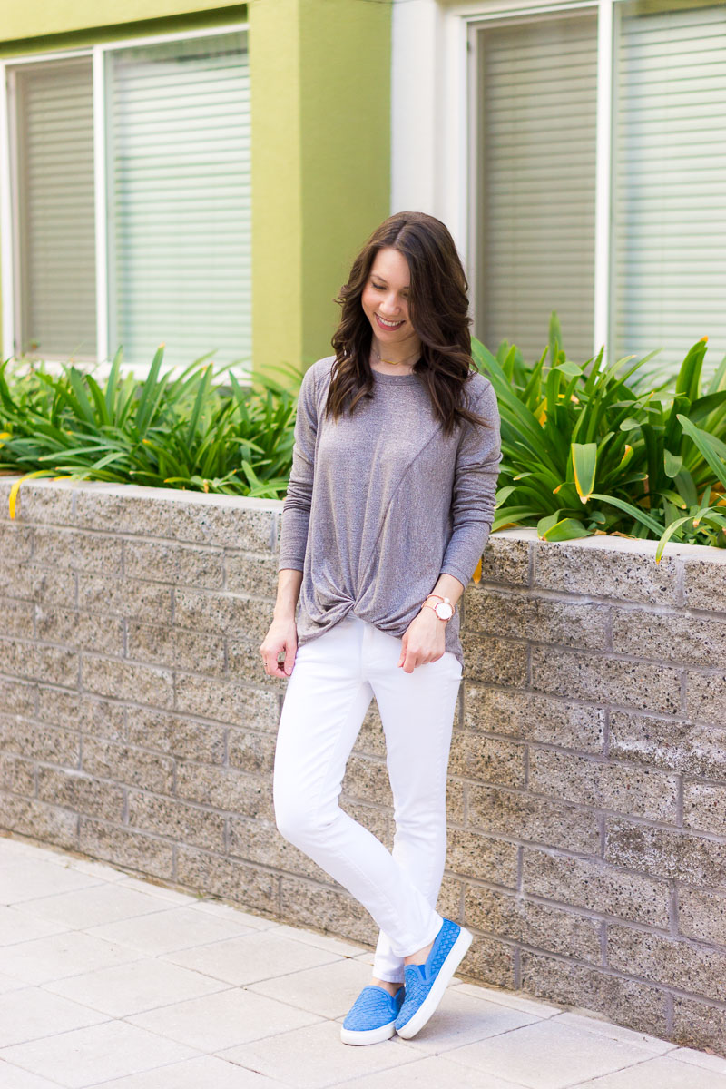 Three Go-To Looks for running errands | Petite fashion and style blog | Capsule wardrobe download and style tips | Outfits for women running errands SAHM | J. Crew drapey tee blush pink dark wash denim | Nike rose gold gray sneakers | Zella twist tie top review | Gibson twist tee oatmeal top review | M. Gemi Cerchio sneaker review | slip on sneakers Lululemon burgundy pants leggings | reversible Tote bag