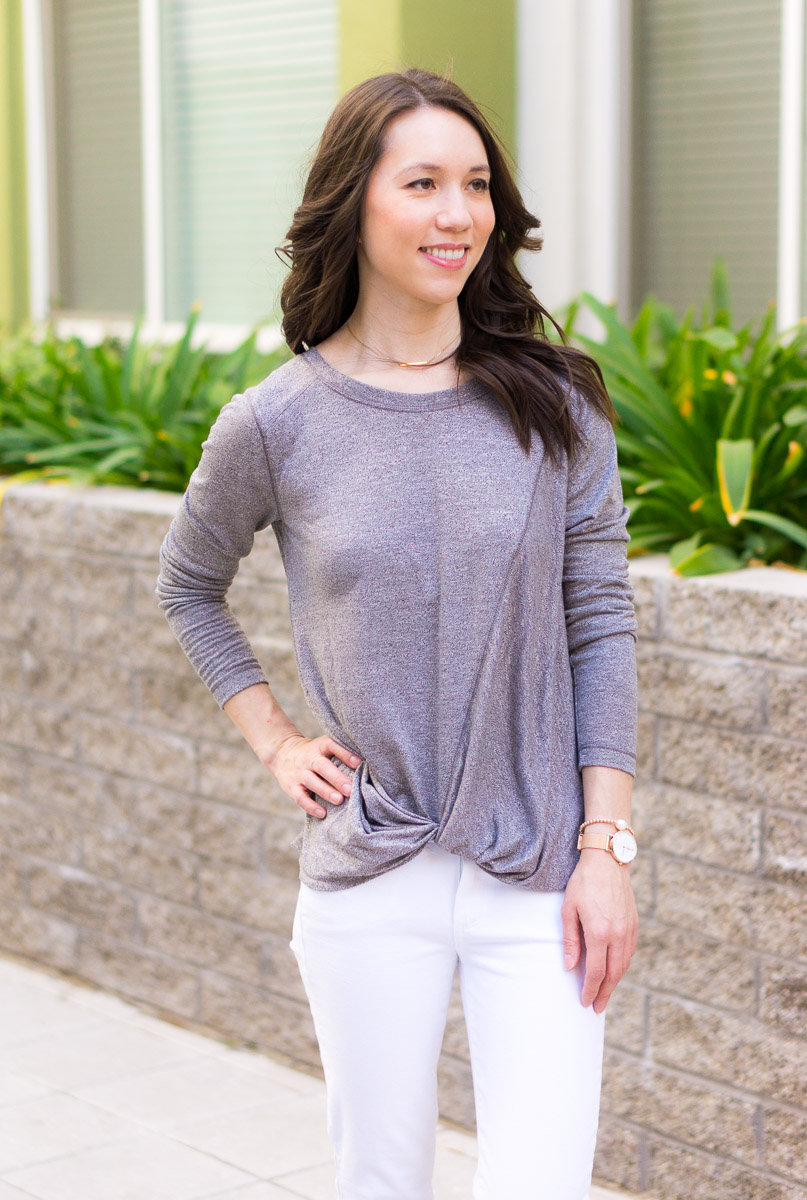 Three Go-To Looks for running errands | Petite fashion and style blog | Capsule wardrobe download and style tips | Outfits for women running errands SAHM | J. Crew drapey tee blush pink dark wash denim | Nike rose gold gray sneakers | Zella twist tie top review | Gibson twist tee oatmeal top review | M. Gemi Cerchio sneaker review | slip on sneakers Lululemon burgundy pants leggings | reversible Tote bag