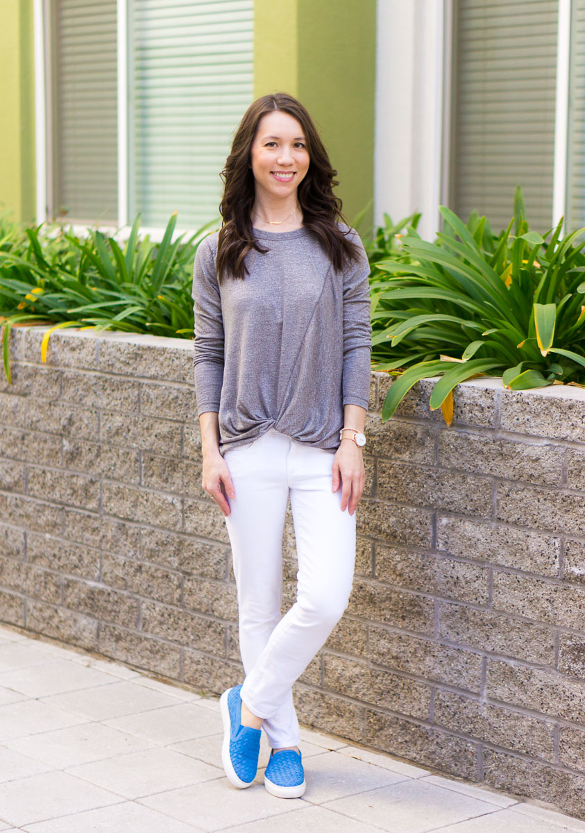 Three Go-To Looks for running errands | Petite fashion and style blog | Capsule wardrobe download and style tips | Outfits for women running errands SAHM | J. Crew drapey tee blush pink dark wash denim | Nike rose gold gray sneakers | Zella twist tie top review | Gibson twist tee oatmeal top review | M. Gemi Cerchio sneaker review | slip on sneakers Lululemon burgundy pants leggings | reversible Tote bag