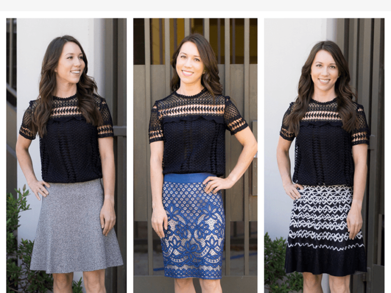 How to wear skirts year round | 3 skirts I love to wear all year | Capsule wardrobe | KonMari fashion style advice | Minimalist style | Petite fashion and style blog | NIC+ ZOE skirt | Theory gray tweed skirt | Ann Taylor blue lace pencil skirt