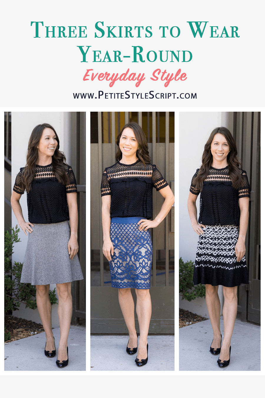 How to wear skirts year round | 3 skirts I love to wear all year | Capsule wardrobe | KonMari fashion style advice | Minimalist style | Petite fashion and style blog | NIC+ ZOE skirt | Theory gray tweed skirt | Ann Taylor blue lace pencil skirt