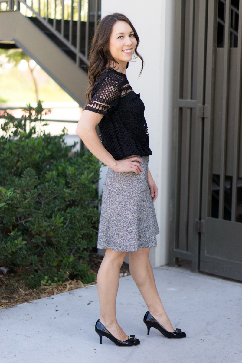 How to wear skirts year round | 3 skirts I love to wear all year | Capsule wardrobe | KonMari fashion style advice | Minimalist style | Petite fashion and style blog | NIC+ ZOE skirt | Theory gray tweed skirt | Ann Taylor blue lace pencil skirt 